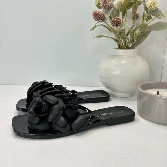 Jeffrey Campbell Floralee Rosette Flower Slide Sandals Black Shiny Women's 6 - Picture 6 of 8